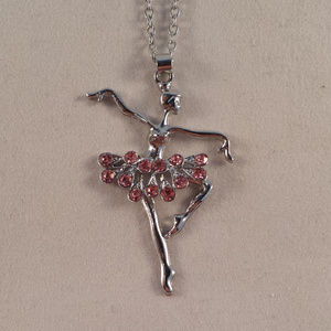 Silver Ballerina Dancer Pink Crystal Gemstone Pendant Necklace Gorgeous Gift